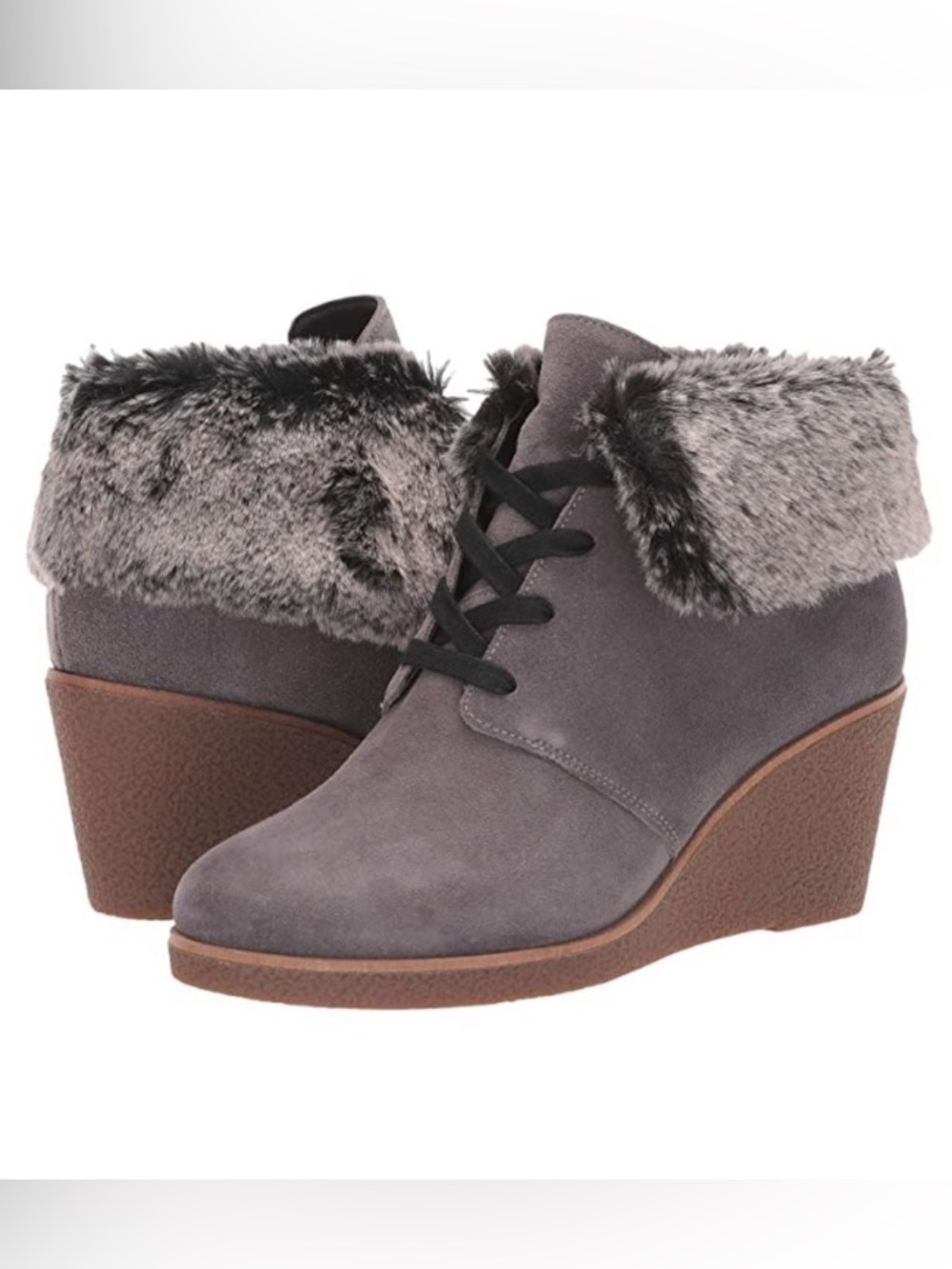 NWOT Cole Haan Coralie Gray Waterproof Suede Faux Fur Lace Bootie Size 7